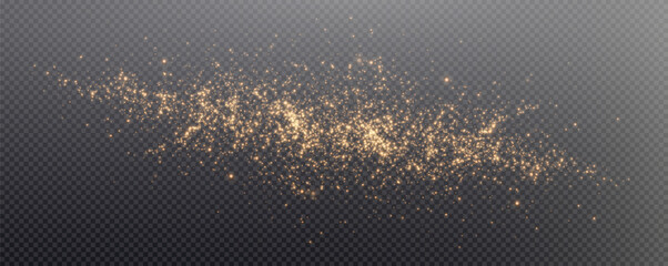 Christmas glowing bokeh confetti light and glitter texture overlay for your design. Festive sparkling gold dust png. Holiday powder dust for cards, invitations, banners, advertising. - obrazy, fototapety, plakaty
