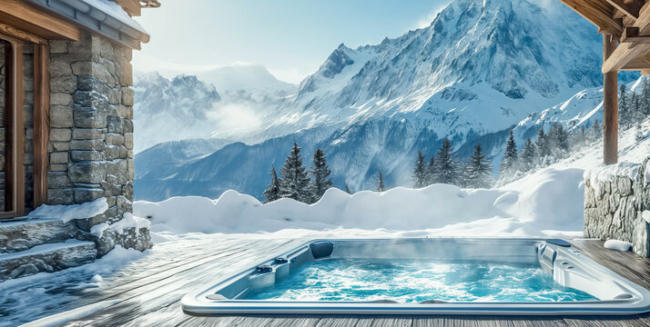 ski resort in the mountains. a hot tub with spa near a winter forest with a snow covered mountain in background	