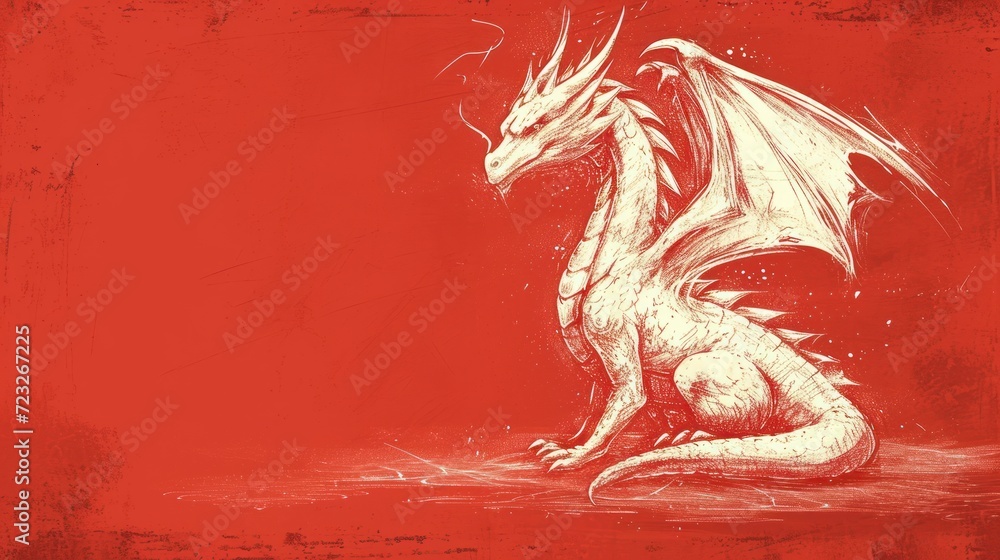 Poster a drawing of a white dragon sitting on top of a body of water in front of a red background with a gr