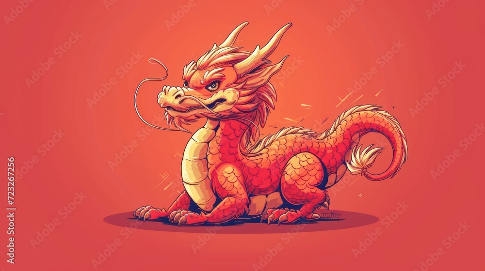 Poster a red and yellow dragon sitting on top of a red background with a red background and an image of a y
