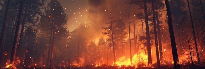 Forest fire raging in the woods with blazes - obrazy, fototapety, plakaty