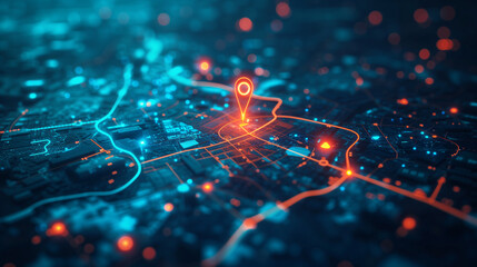 Navigating the Digital Landscape - Futuristic City Map with Glowing Location Pin and Data Connections - obrazy, fototapety, plakaty