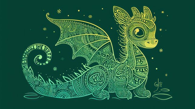  a green and yellow dragon sitting on top of a green background with stars and snowflakes on the bottom of the dragon's wings, and the tail.