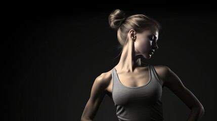Young woman in eka pada rajakapotasana pose, grey studio background