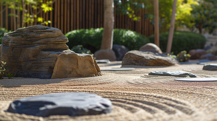 A peaceful zen garden with neatly arranged rocks and raked sand.