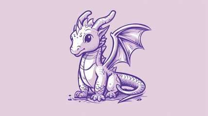  a drawing of a dragon sitting on the ground with its wings spread out and its head turned to the side, with its eyes wide open, on a light purple background.