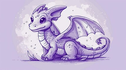  a drawing of a dragon sitting on the ground with its wings spread out and eyes wide open, in front of a purple background with a splot of bubbles.