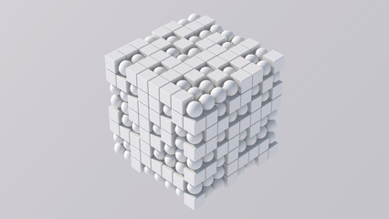 Group of white cubes and spheres. White background. Abstract illustration, 3d render.