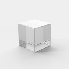 Glass cube, white background. Abstract illustration, 3d render.