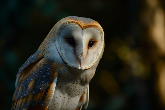 AI Generated Image. Close up view portrait of the barn owl in the forest