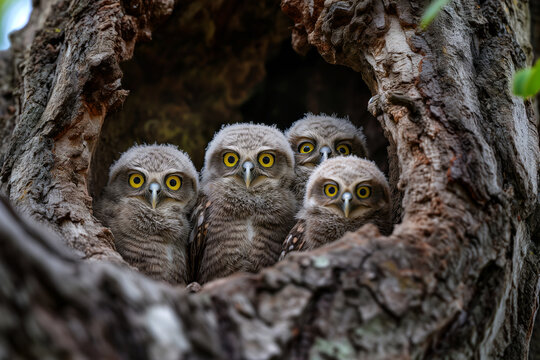 AI Generated Image. Cute funny spotted owlets in the tree cavity