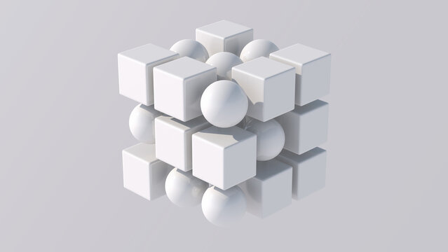 Group of white cubes and spheres. White background. Abstract illustration, 3d render.