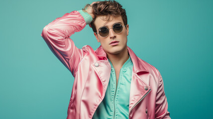 Gen-Z Retro Fashion Vibes - Stylish Young Man with Pink Satin Jacket and Sunglasses on Teal Background