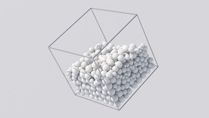 White balls inside metallic cube. White background. Abstract illustration, 3d render.