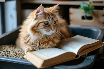 Cat reads successful cats book on litter box