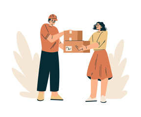 Man Delivery Courier Give Cardboard Box to Woman Customer Vector Illustration