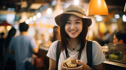 Young woman traveler walking holding stinky tofu at taiwanese street food, travel lifestyle concept - obrazy, fototapety, plakaty