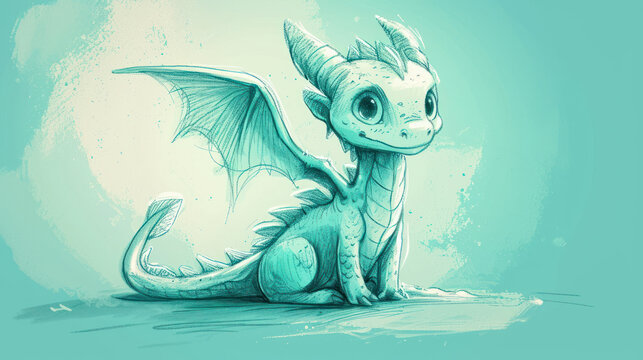  a drawing of a dragon sitting on the ground with its wings spread out and eyes wide open, with a blue background and a light blue sky in the background. © Nadia