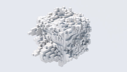 White cube with block shapes. White background. Abstract illustration, 3d render.
