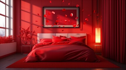 Beautiful valentine's red bedroom facing forward, close view