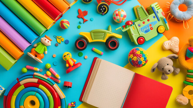 A playful and colorful flat lay of childrens toys and books on a bright background.