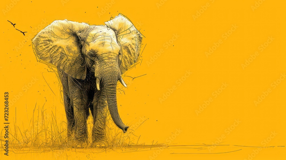 Poster a drawing of an elephant standing in tall grass with a bird flying above it and a yellow background 
