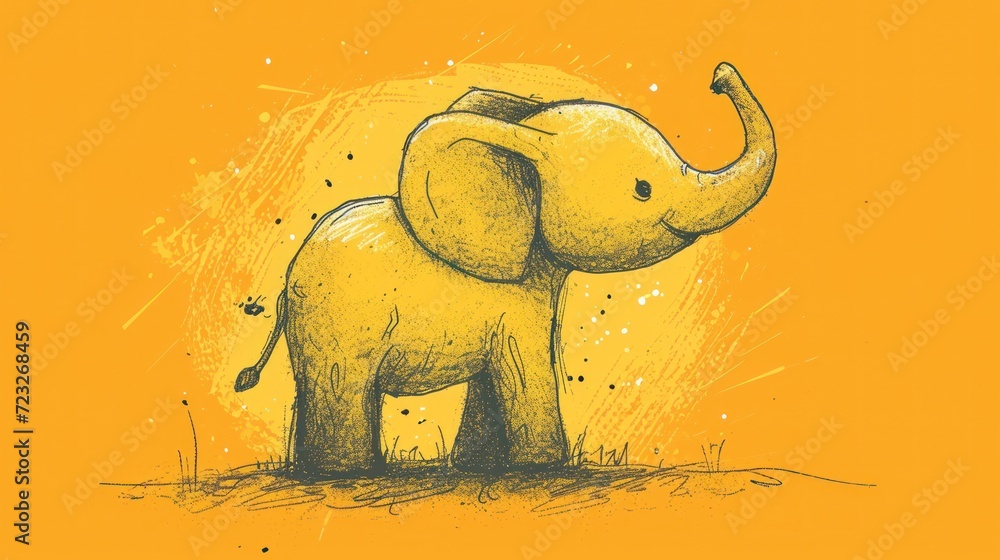 Poster a drawing of an elephant on a yellow background with a splash of paint on the bottom half of the ele