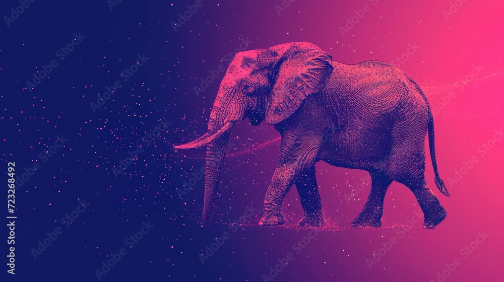 Poster an elephant standing in the middle of a purple and pink background with a splash of paint on the bot