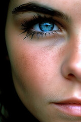 Close-up portrait of beautiful strong woman with dark brown hair and amazing eyes