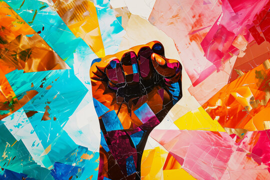 AI Generated Image. Pop art collage of the black raised fist made of colorful design elements