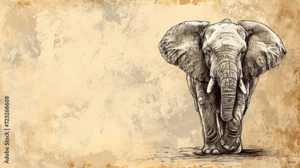 Poster a drawing of an elephant standing in front of a beige background with a brown spot on the bottom of 