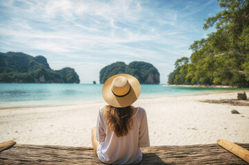 Serene tropical beach getaway with anonymous woman. Generative AI image