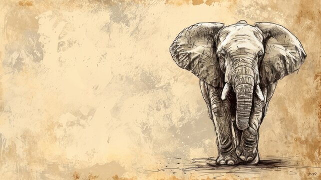  a drawing of an elephant standing in front of a beige background with a brown spot on the bottom of the elephant's head and the elephant's tusks.