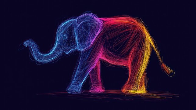  a multicolored elephant standing on a dark surface with its trunk extended and it's tusks curled up to the side of the elephant's trunk.