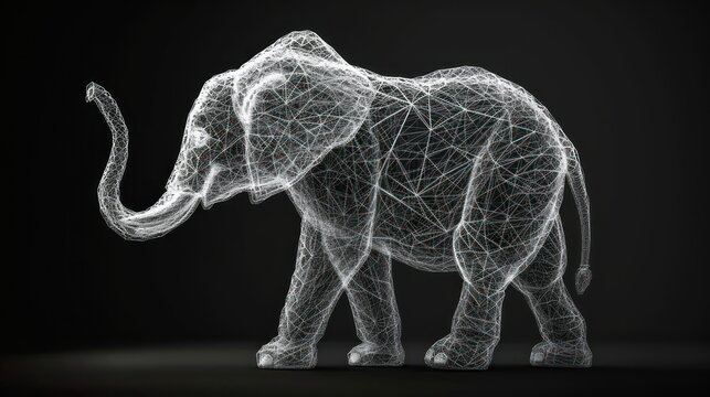  an elephant made up of lines on a black background with a black background and a white elephant on the left side of the image and a white elephant on the right side.