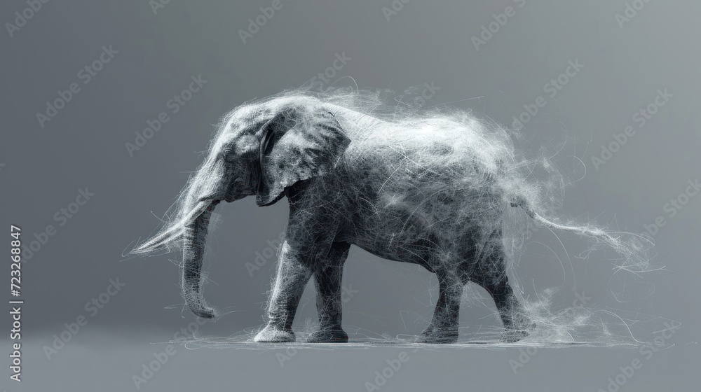 Poster  an elephant is standing in the middle of a gray background with white smoke coming out of it's trunk and it's tusks it's trunk.