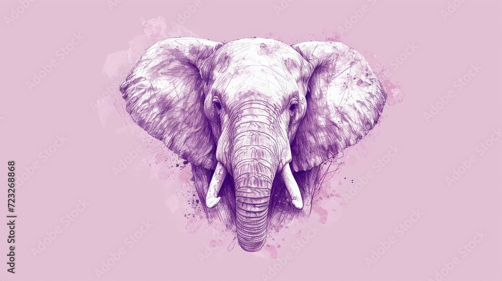 Poster a drawing of an elephant's head on a pink background with a splash of watercolor on the left side of