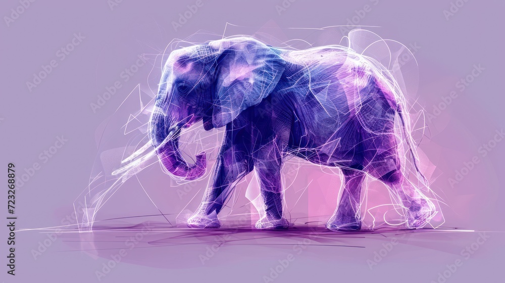 Poster a digital painting of an elephant on a pink and purple background with lines and shapes in the shape