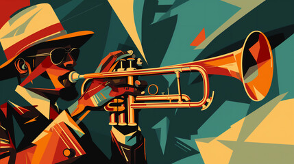 Afro-American male jazz musician trumpeter playing a brass trumpet in an abstract cubist style painting for a poster or flyer, stock illustration image  - obrazy, fototapety, plakaty