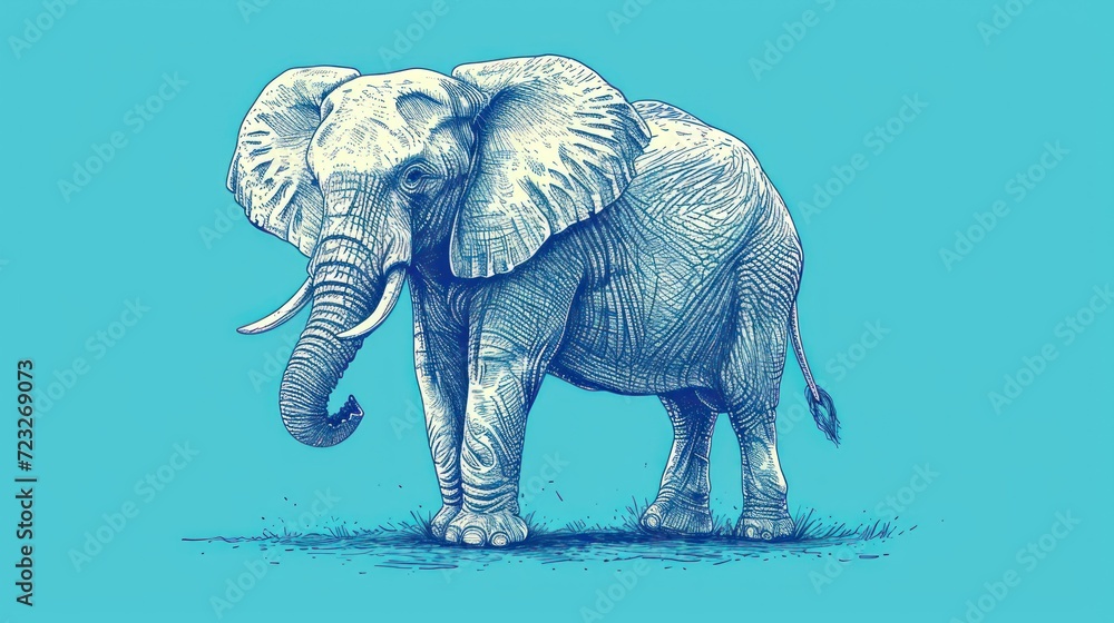 Poster a drawing of an elephant standing in a field of grass with its trunk in the air and it's trunk in th