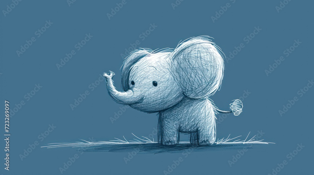 Poster a drawing of an elephant standing in the grass with its trunk in the air with its trunk in the air a