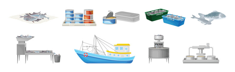Fishery and Seafood Production Process and Industry Vector Set
