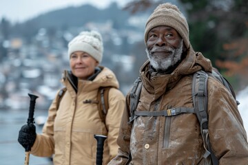 An elderly man and a woman tourists hiking with sticks in nature