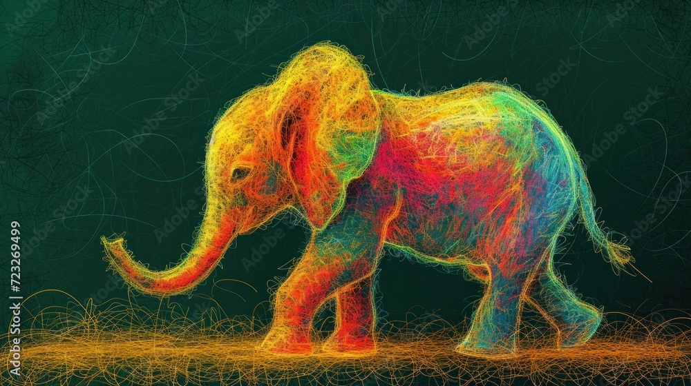 Poster a multicolored picture of an elephant on a dark green background with yellow and red lines on the bo