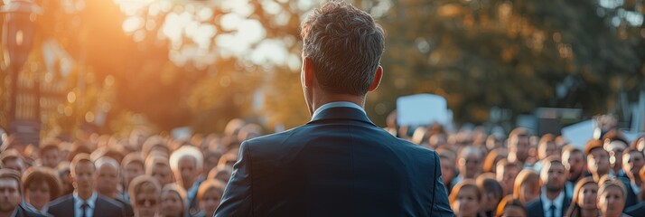 Male politician gives speech to crowd at outdoor rally - obrazy, fototapety, plakaty
