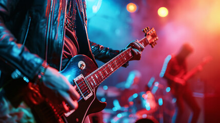 A rock band performing live on stage with a focus on the lead guitarists energetic solo.