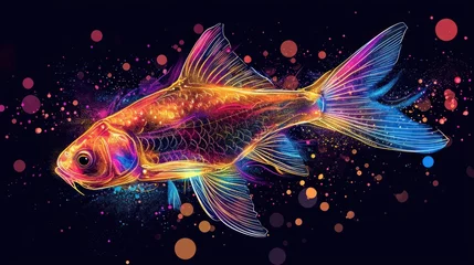 Fotobehang  a drawing of a goldfish on a black background with multicolored circles of light coming out of the fish's body and the fish's head. © Nadia