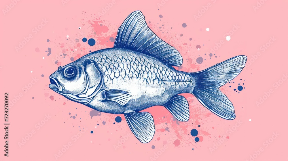 Poster a drawing of a fish on a pink background with watercolor splashes on the bottom of the image and the