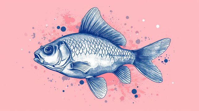  a drawing of a fish on a pink background with watercolor splashes on the bottom of the image and the bottom half of the fish is black and the bottom half of the image is blue.