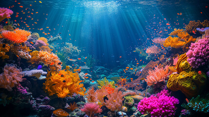 Fototapeta na wymiar Natural coral reef vivid background, underwater view with fish